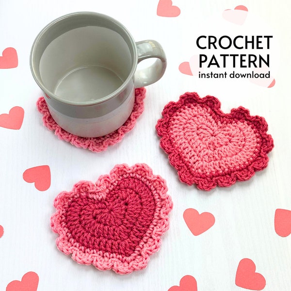 CROCHET PATTERN - Easy Heart Coaster Crochet Pattern Cute Valentine's Day Frilly Heart Coaster Pattern Instant Digital Download Pattern PDF