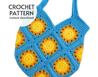 CROCHET PATTERN - Sun Granny Square Tote Bag Crochet Pattern Easy Summer Market Bag Sun Beach Bag Instant Digital Download Pattern PDF