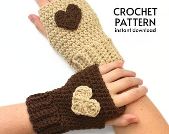 CROCHET PATTERN - Easy Fingerless Gloves Crochet Pattern Cute Heart Hand Warmers Instant Digital Download PDF Crochet Winter Mittens Pattern
