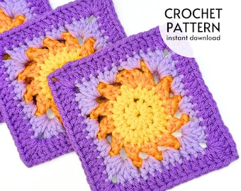 CROCHET PATTERN - Easy Sun Granny Square Pattern Tangled Sun Beginner Crochet Granny Square Baby Blanket Square Instant Digital Download PDF
