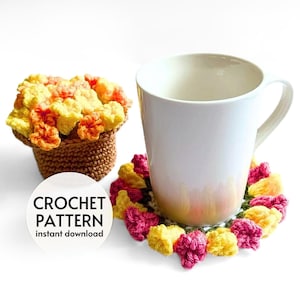 CROCHET PATTERN - Flower Pot Coaster Set Crochet Pattern Flower Bouquet Plant Coasters Instant Digital Download PDF Crochet Pattern