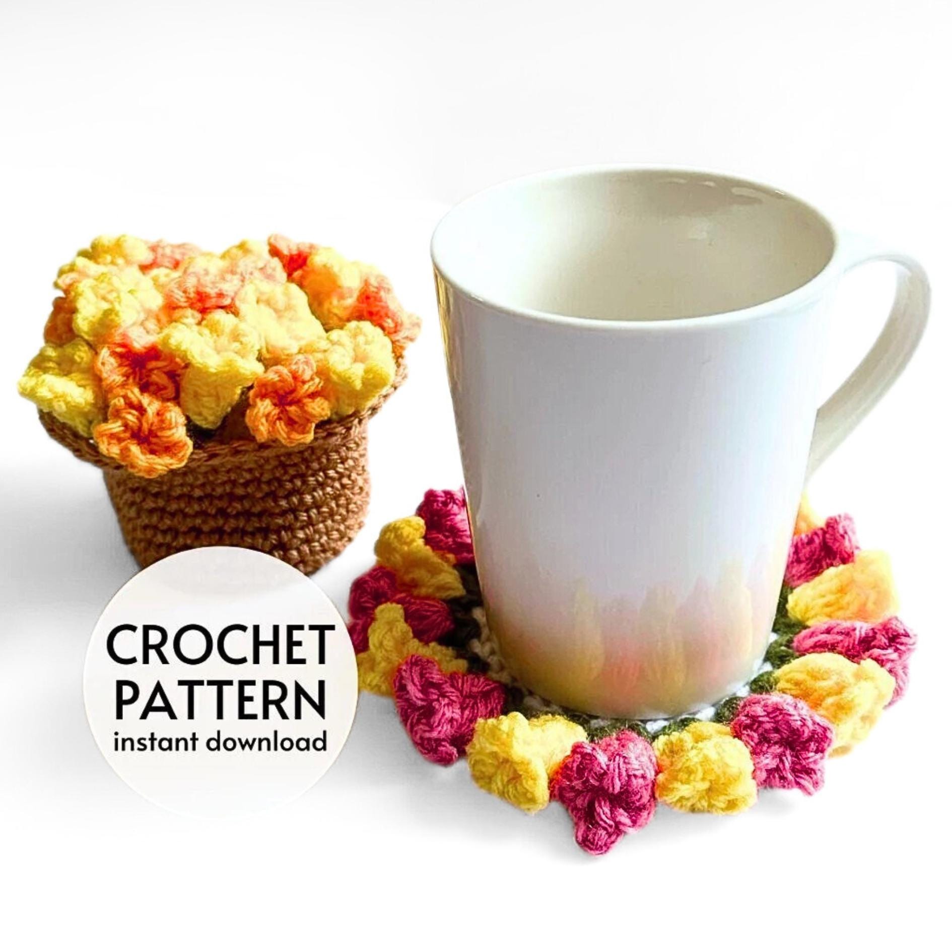 CROCHET PATTERN - Flower Pot Coaster Set Crochet Pattern Flower Bouquet Plant Coasters Instant Digital Download PDF Crochet Pattern
