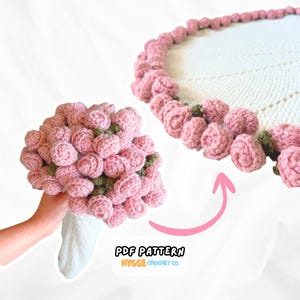 May include: A crochet bouquet of small pink flowers with green leaves and a white handle, alongside a circular white crochet mat bordered by matching pink flowers. The text reads PDF PATTERN HYGGE CROCHET CO.