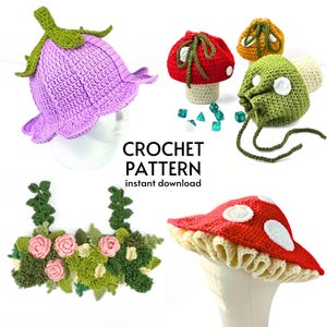 Op de afbeelding: Haakpatronen voor een paarse bloemenhoed, een rood-witte paddenstoelhoed, een groene paddenstoel trekkoordtas en een groene krans met roze bloemen. De tekst "CROCHET PATTERN instant download" wordt onder de hoeden weergegeven.