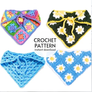 Puede incluir: Cuatro patrones de bandana de ganchillo con diferentes diseños. El primer bandana es un diseño de patchwork colorido. El segundo bandana es un bandana verde con flores de margarita blancas. El tercer bandana es un bandana azul claro con un patrón de puntada simple. El cuarto bandana es un bandana azul claro con flores de margarita blancas. La imagen incluye el texto "CROCHET PATTERN instant download".