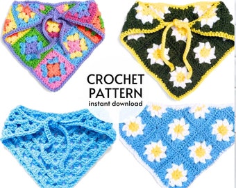 PATRÓN DE CROCHET - Paquete de patrones fáciles para diadema tipo bandana de ganchillo, bufanda de verano con flores cuadradas de ganchillo, patrón apto para principiantes en PDF
