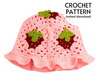 CROCHET PATTERN - Strawberry Granny Square Bucket Hat Crochet Pattern PDF Instant Digital Download Cute Easy Women's Strawberry Hat Pattern