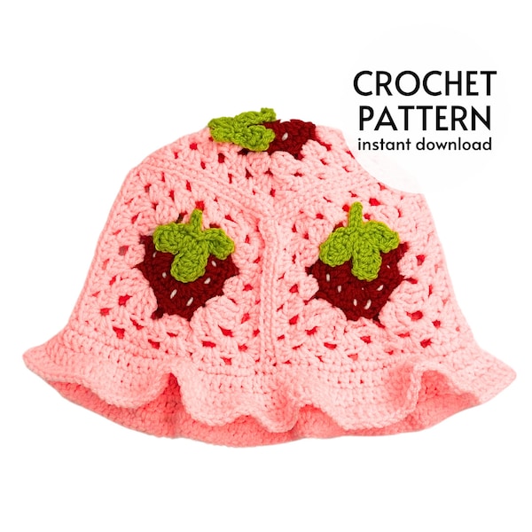 HÄKELANLEITUNG - Strawberry Grandma Square Bucket Hat Häkelanleitung PDF-Sofortiger Digitaler Download Niedliche Einfache Damen Erdbeerhut Muster