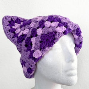 May include: Purple and lavender crocheted hat with a cat ear design.