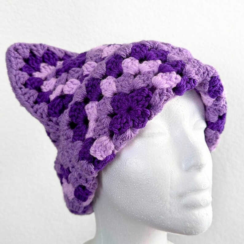 May include: Purple and lavender crocheted hat with a cat ear design.