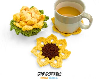 MOTIF AU CROCHET - Ensemble de sous-verres tournesol au crochet, décor végétal, sous-verres au crochet mignons en téléchargement numérique, cadeau facile au motif au crochet