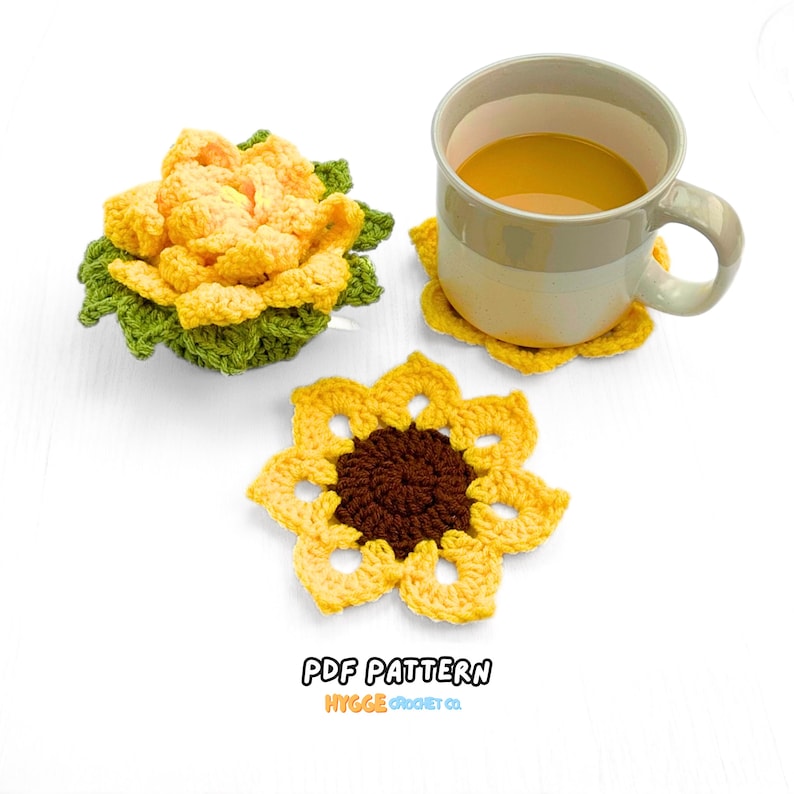 MOTIF AU CROCHET - Ensemble de sous-verres tournesol au crochet, décor végétal, sous-verres au crochet mignons en téléchargement numérique, cadeau facile au motif au crochet image 1