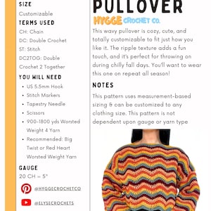 May include: A crochet pattern document titled Wavy Pullover by Hygge Crochet Co. The text lists difficulty, size, terms, materials including a 5.5mm hook and worsted weight yarn, and gauge. Below, a pullover with a multi-colored wavy ripple pattern.
