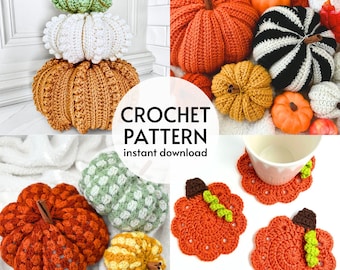 May include: A collection of crochet pumpkins and pumpkin-shaped coasters in various colors including orange, white, green, and black. The image features text that reads CROCHET PATTERN instant download, showcasing multiple handmade textile designs.