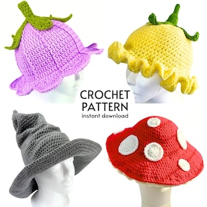 CROCHET PATTERN BUNDLE Fantasy Hats Flower Bucket Hat Crochet Pattern Mushroom Hat Wizard Hat Witchy Fairycore Crochet Gift Instant Download