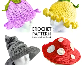 PAQUETE DE PATRONES DE CROCHET Sombreros de fantasía Sombrero de cubo con flores Patrón de crochet Sombrero de seta Sombrero de mago Bruja Fairycore Regalo de crochet Descarga instantánea