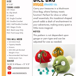 May include: A crochet pattern document for a mushroom dice bag measuring 6 inches by 8 inches. The text includes difficulty level, terms, materials, and gauge. Three finished mushroom-shaped pouches in red, yellow, and green are shown.