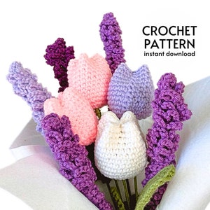 Häkelanleitung - Lavendel und Tulpen Blumenstrauß Häkelanleitung Amigurumi Blumen Sofortiger digitaler Download handgefertigtes Geschenk-Dekor