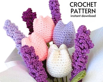 PAQUETE DE PATRÓN DE GANCHILLO - Patrón de ganchillo de ramo de lavanda y tulipán de ganchillo Flores Amigurumi Descarga digital instantánea Decoración de regalo hecha a mano