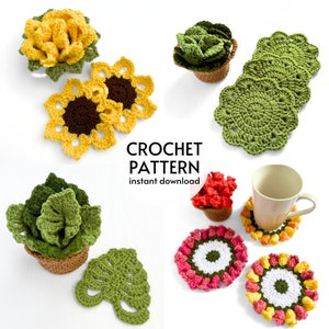 May include: Crochet pattern for a set of coasters featuring sunflowers, succulents, and other floral designs. The pattern is available for instant download.