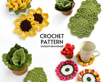 CROCHET PATTERN BUNDLE - Flower Pot Coaster Set Crochet Patterns Succulent Plant Sunflower Coasters Monstera Leaf Pattern Digital Download