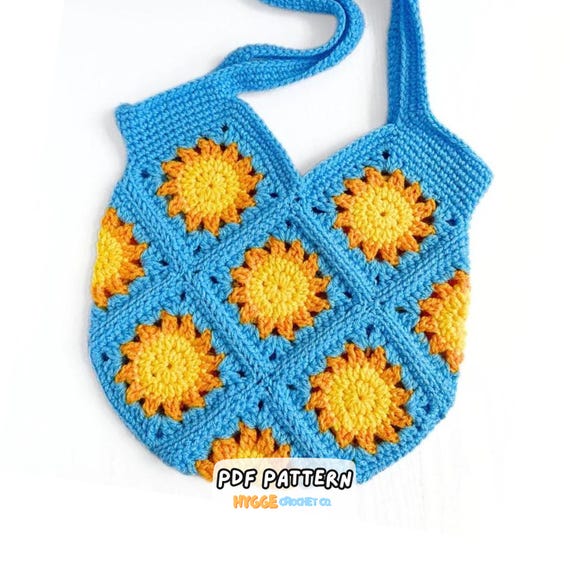 CROCHET PATTERN - Sun Granny Square Tote Bag Crochet Pattern Easy Summer Market Bag Sun Beach Bag Instant Digital Download Pattern PDF