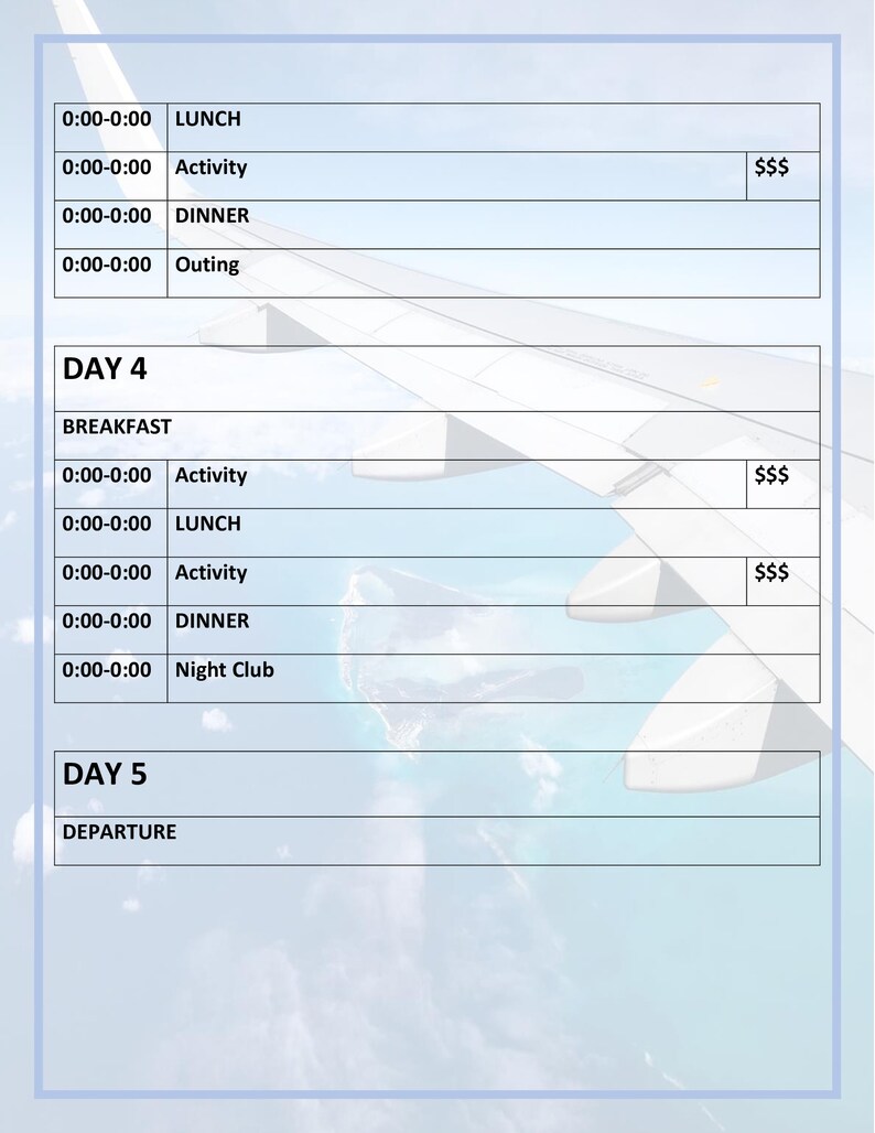 Printable 4-day Travel Itinerary Template (instant Download) - Etsy