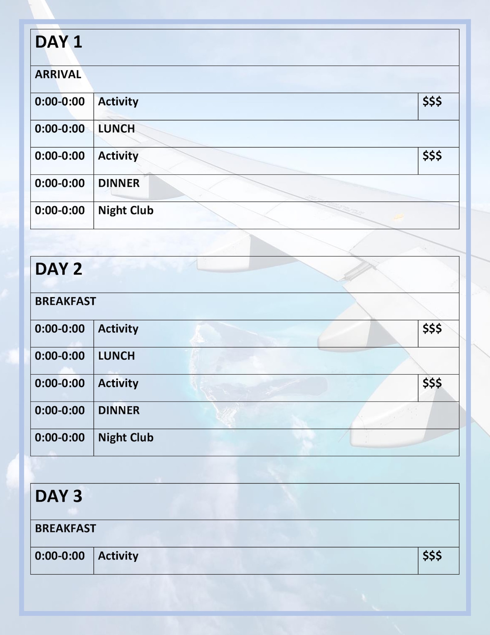 Printable 4-day Travel Itinerary Template (instant Download) - Etsy