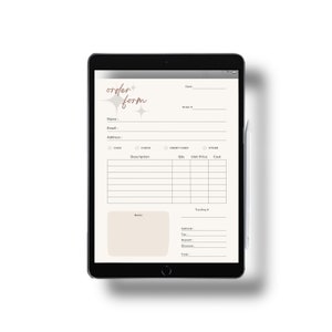 May include: A digital order form with a pink and white star design. The form includes fields for name, email, address, date, order number, payment method, description, quantity, unit price, cost, notes, tracking number, subtotal, tax, deposit, discount, and total.
