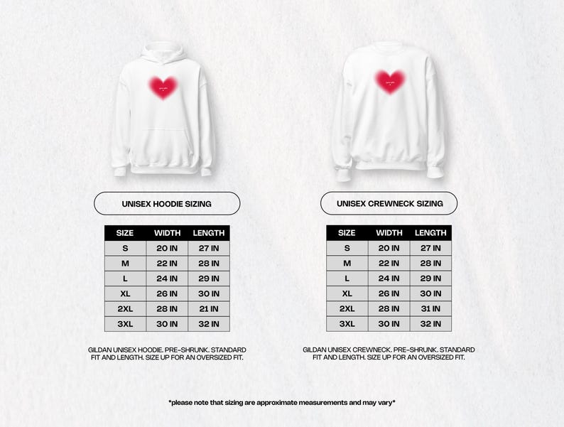 K&ouml;nnte beinhalten: Wei&szlig;er Hoodie und Crewneck-Sweatshirt mit rotem Herzdesign. Das Bild enth&auml;lt Gr&ouml;&szlig;entabellen f&uuml;r Unisex-Hoodies und Crewnecks mit Ma&szlig;en in Zoll. Der Text auf dem Bild lautet: "Bitte beachten Sie, dass die Gr&ouml;&szlig;en ungef&auml;hre Ma&szlig;e sind und variieren k&ouml;nnen."