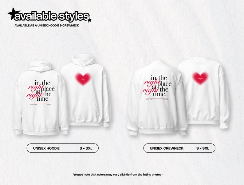 K&ouml;nnte beinhalten: Wei&szlig;er Unisex-Hoodie und -Crewneck mit dem Text "in the right place at the right time" in Rot und Schwarz. Der Hoodie hat eine rote Herzgrafik. Erh&auml;ltlich in den Gr&ouml;&szlig;en S-3XL.
