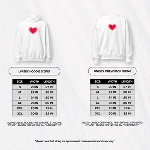 May include: Size chart for unisex hoodies and crewnecks. The chart shows the width and length in inches for sizes S, M, L, XL, 2XL, and 3XL. The chart also includes the text "Gildan Unisex Hoodie Pre-Shrunk, Standard Fit and Length. Size up for an oversized fit." and "Gildan Unisex Crewneck, Pre-Shrunk, Standard Fit and Length. Size up for an oversized fit."