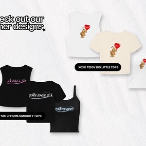 May include: Three different styles of crop tops. The first style is a black crop top with a silver and pink "ALPHA X" design. The second style is a black crop top with a silver and pink "TRI DELTA" design. The third style is a black crop top with a silver and blue "OPHIE" design. The text "Y2K CHROME SORORITY TOPS" is below the tops.