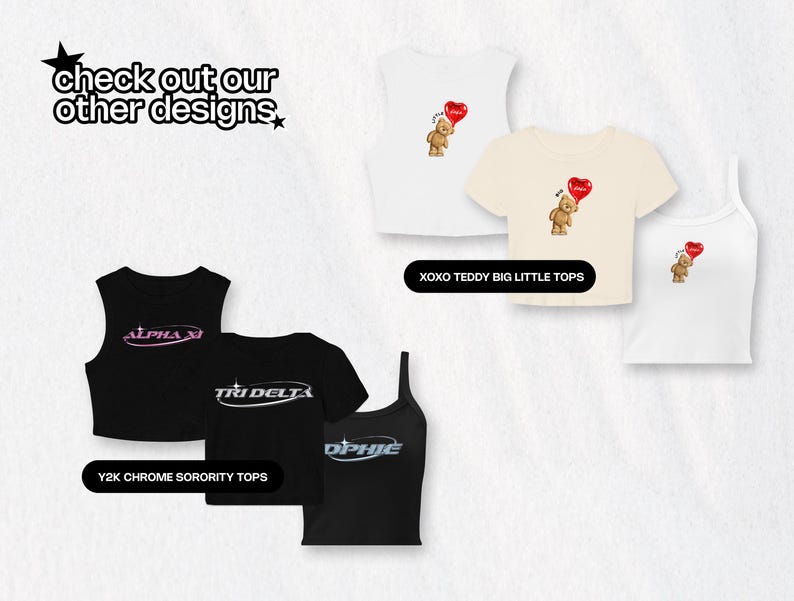 May include: Three different styles of crop tops. The first style is a black crop top with a silver and pink "ALPHA X" design. The second style is a black crop top with a silver and pink "TRI DELTA" design. The third style is a black crop top with a silver and blue "OPHIE" design. The text "Y2K CHROME SORORITY TOPS" is below the tops.