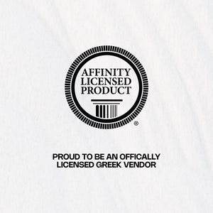May include: Black and white logo with the text "Affinity Licensed Product" inside a circle with a column design. Below the logo is the text "Proud to be an officially licensed Greek vendor."