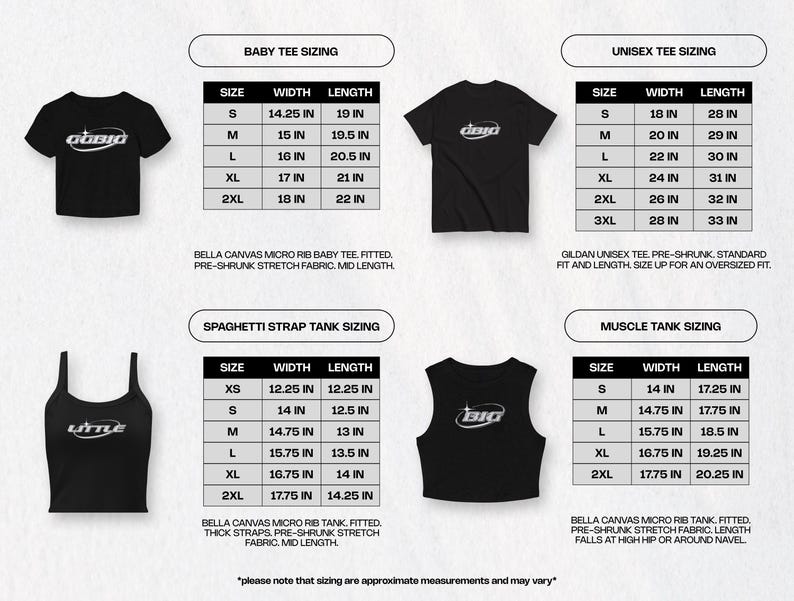 May include: Size chart for baby, unisex, spaghetti strap, and muscle tank tops. The chart shows the width and length measurements in inches for each size. The chart also includes information about the fabric and fit of each style.