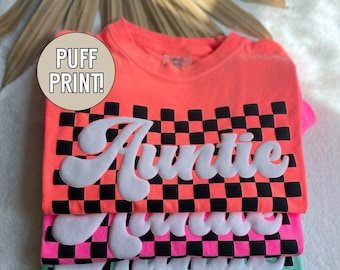 Checkered Auntie Shirt Aunt Gift Custom Puff Print T-Shirt Aunt Tee Embossed Auntie Era Shirt for Sister Aunt to be Tee Retro New Aunt Gift