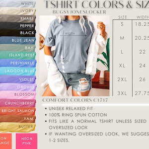 May include: A chart showing t-shirt colors and sizing. The chart includes a color swatch for each color, the size, width in inches, and length in inches. The colors include white, ivory, khaki, pepper, black, blue jean, bay, island reef, periwinkle, lagoon blue, violet, orchid, blossom, crunchberry, bright salmon, yam, butter, neon orange, and neon pink. The chart also includes information about the t-shirt's fit, fabric, and sizing.