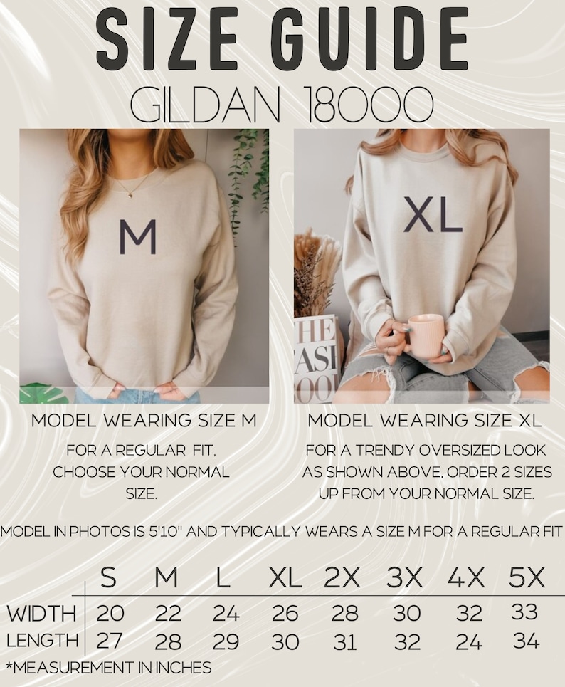 May include: Size chart for Gildan 18000 sweatshirts, showing measurements in inches for width and length. The chart includes sizes S, M, L, XL, 2X, 3X, 4X, and 5X.