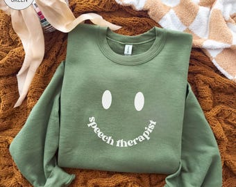 Speech Therapist Sweatshirt, Smile Face SLP Therapy Sweater, Retro Pathology Grad Top, Gift for Pathologist, Cute Language Pathologist Shirt