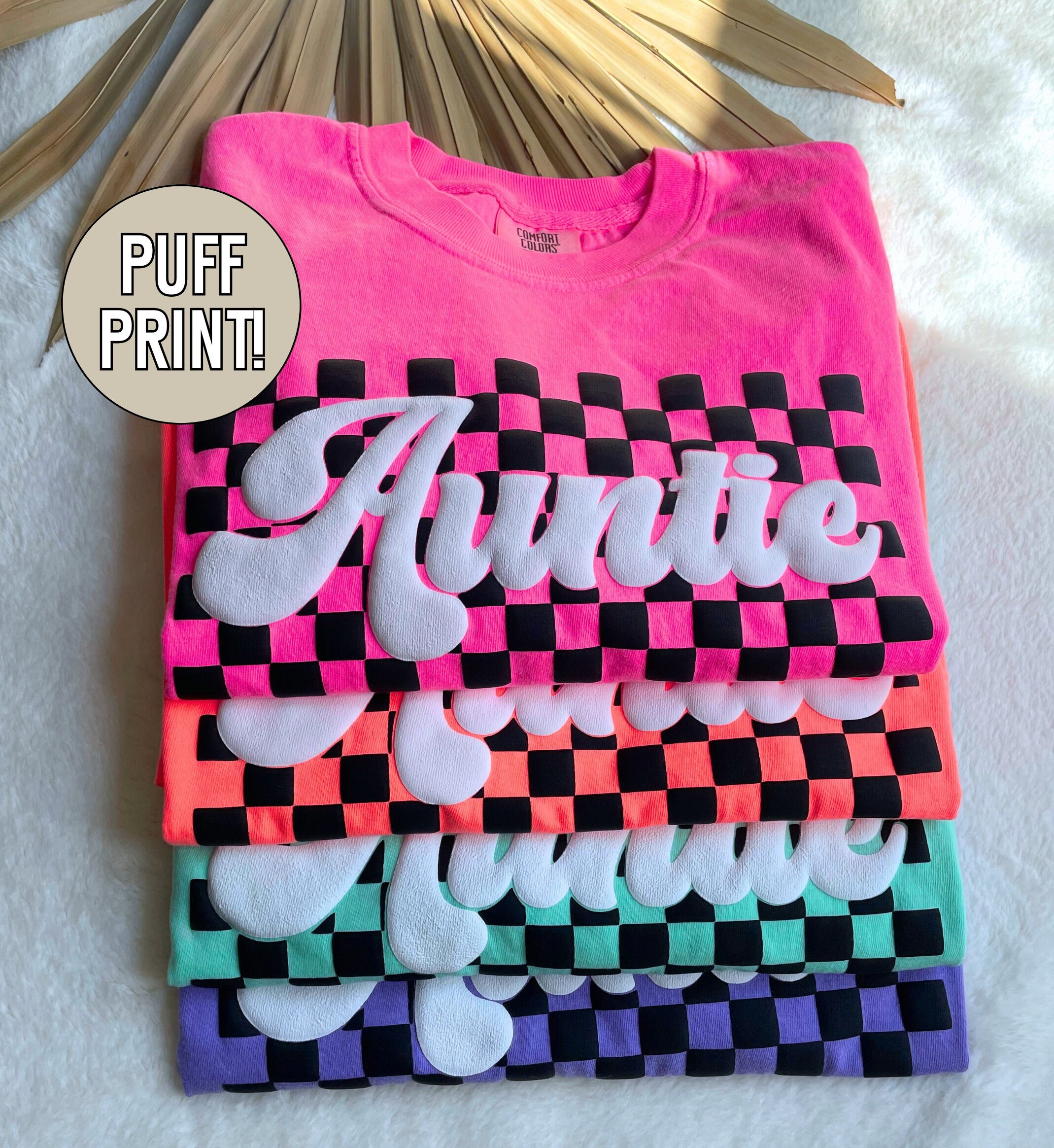 Auntie Shirt Aunt Gift Sister Tshirt Custom Puff Print T-Shirt Checkered Aunt Tee Embossed Auntie Era Shirt Personalized New Aunt Life Shirt