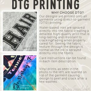 May include: A comparison of two different printing methods for apparel. The image on the left shows a gray sweatshirt with the word "HAIR" printed in black using direct-to-garment (DTG) printing. The image on the right shows a colorful tie-dye shirt with a vinyl print that is peeling and cracking. The text "WHY CHOOSE DTG?" is written in black on a beige background. The text explains that DTG printing is a high-quality, long-lasting method that is resistant to cracking and fading. Vinyl prints, on the other hand, are prone to peeling and cracking after a few washes.