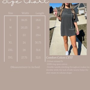 May include: Size chart for a unisex t-shirt with measurements in inches for sizes S through 3XL. The chart shows the width and length of the shirt. The text "Comfort Colors C1717" is at the bottom of the chart, along with a description of the shirt's features: "Unisex relaxed fit, 100% ring spun cotton, Double-needle stitching throughout makes tee durable while the lack of side-seams helps the shirt retain its tubular shape."