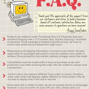 Puede incluir: Gr&aacute;fico informativo con el texto "F.A.Q." en rojo. Incluye una computadora retro con una carita sonriente en la pantalla, flores y una nota manuscrita. El texto explica el procesamiento de pedidos, el env&iacute;o y las devoluciones.