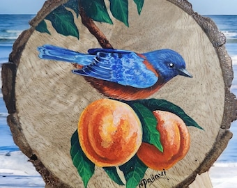 Hand-Painted Songbird Acrylic Painting on Wood Slice: Nature Artwork