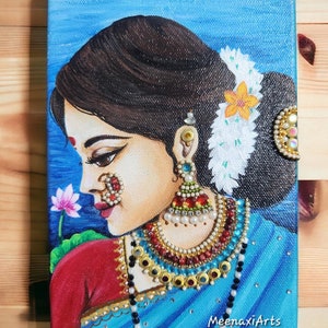 Lady and Lotus Acrylic Painting Traditional Indian Art Small Canvas Cultural Home Decor Birthday Gift Ready to hang Embellished Desk Artwork