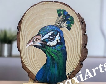 Holzscheibe Pfau Malerei Dekorative Holzscheibe Kunst Handgemachte Lebendige Acrylmalerei Ideal für Naturbezogenes Dekor Einzigartiges Geburtstagsgeschenk