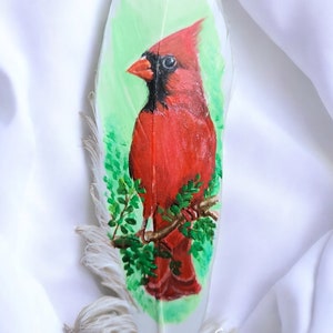 Hand-Painted Feather Art: Northern Cardinal Bird Home Decor