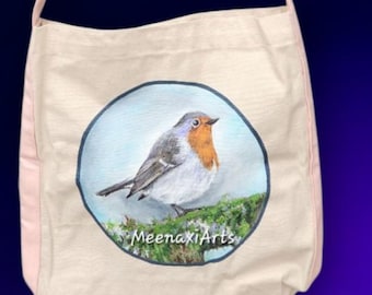 Hand Painted Robin Tote Bag, Bird Canvas Shoulder Bag, Nature Art Gift for Her