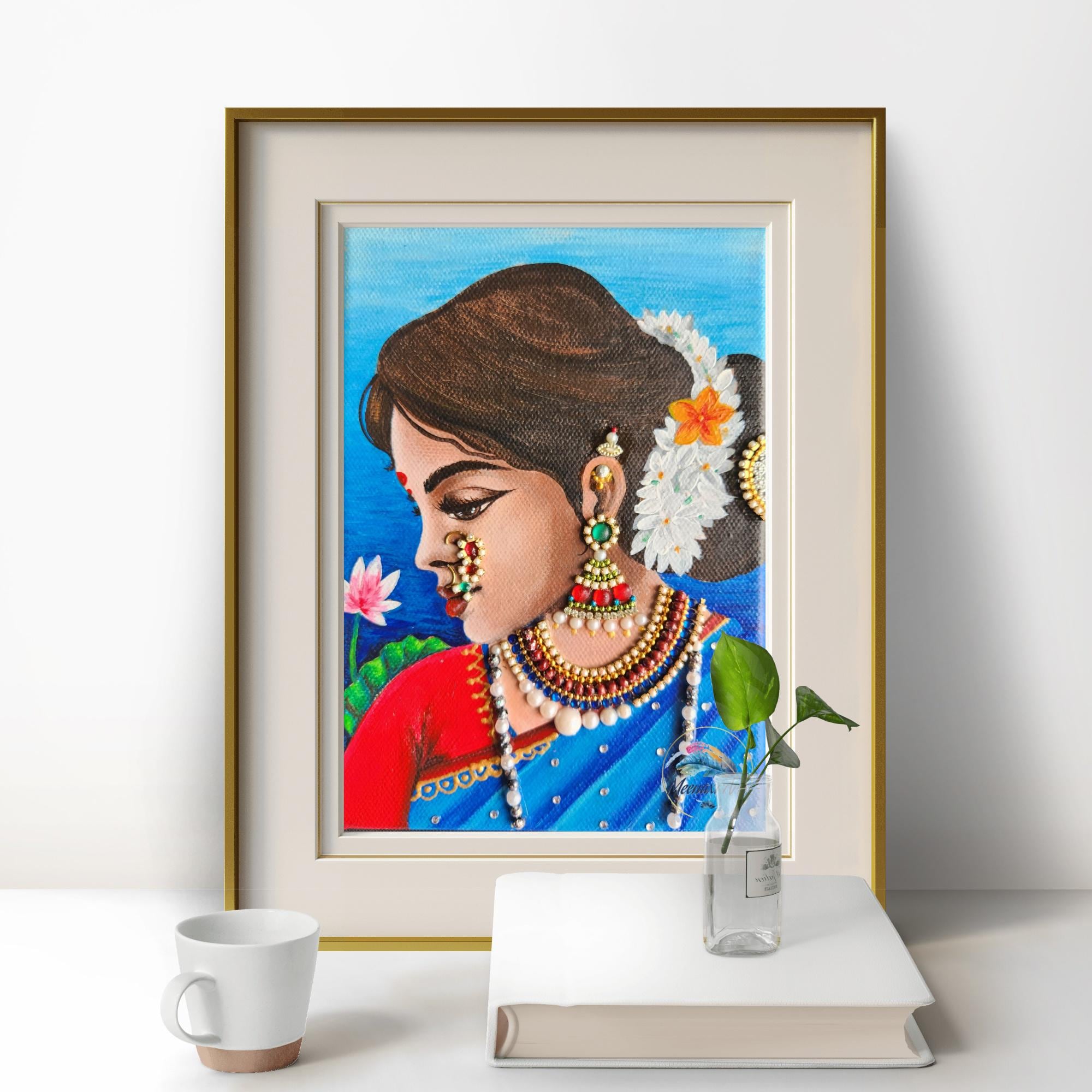インドの伝統的な手描き絵画 手描きのインド人女性の絵画｜伝統的なマハラシュトラ地方の民族絵画